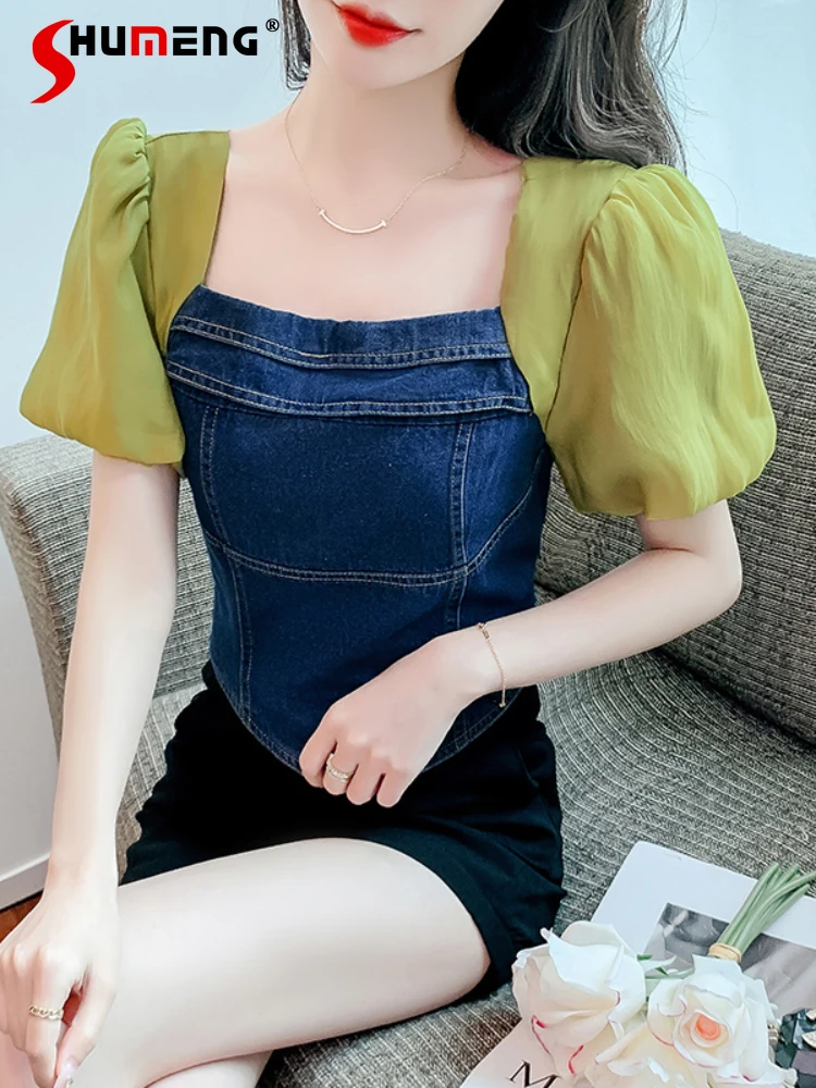 

Women's Summer Denim Stitching Puff Sleeve Short Shirts 2022 New Retro Square Collar Pullover Lace-up Backless Crop Tops Mujer