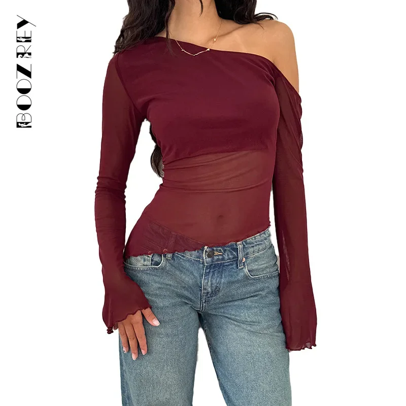 BoozRey 2024 Осень новинка косые плечи сетка без бретелек с длинным рукавом однотонный