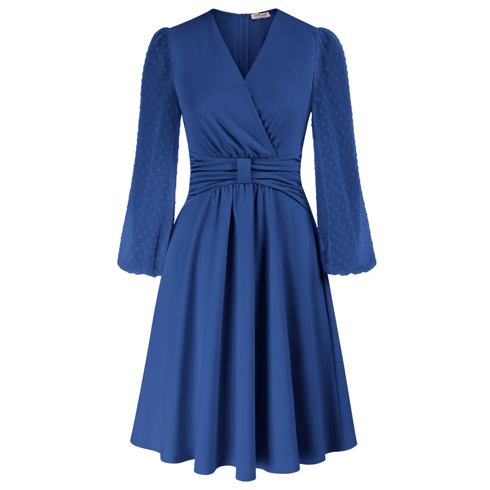 

KK Women Elegant Midi Dress Swiss Dot Long Sheer Sleeve V Neck Flared A-Line Dress For Homecoming Cocktail Party OL Workwear A30