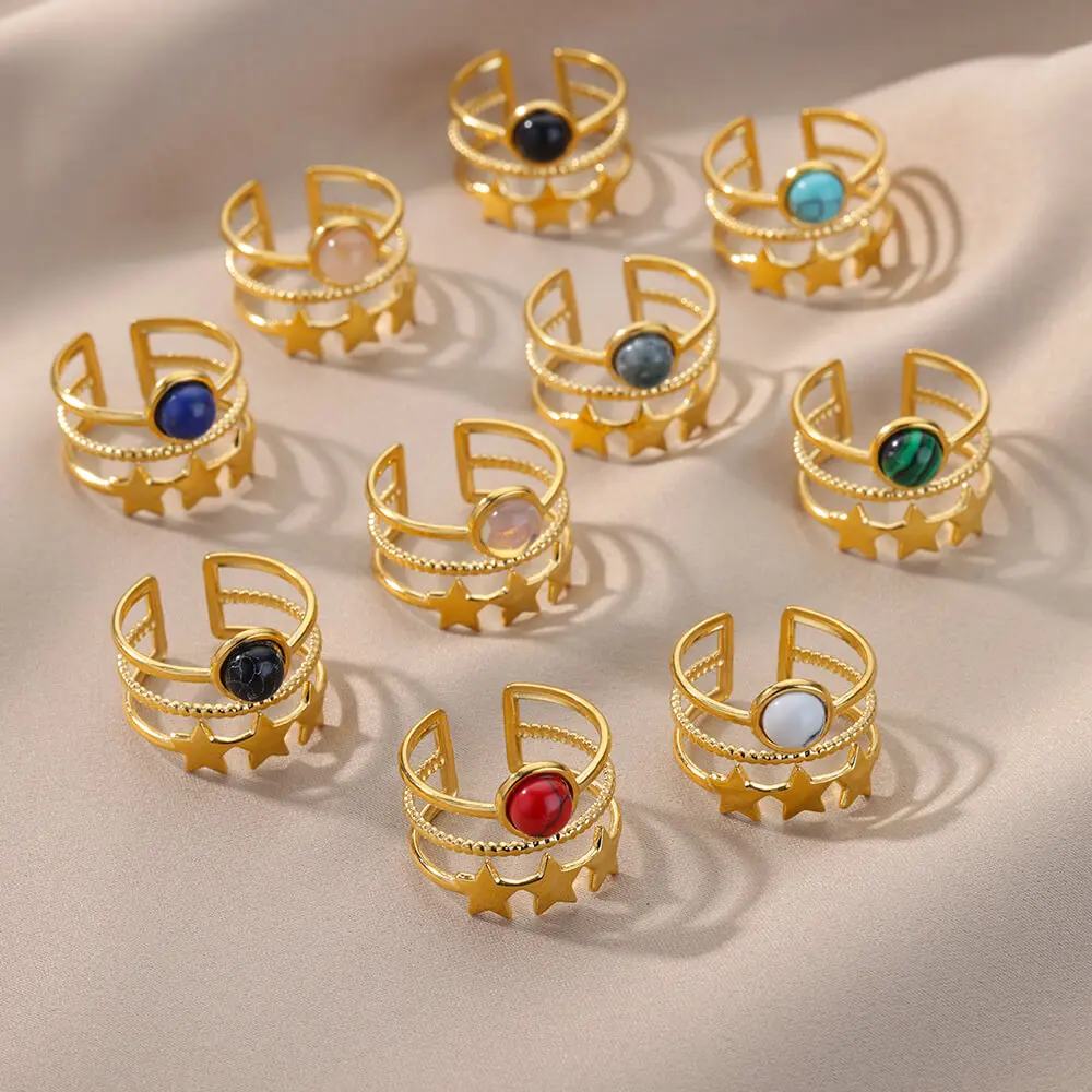 

2022 New Bohemian Women's Ring Colorful Natural Stones Stainless Steel Adjustable Open Ring Jewelry For Women Wedding Ring Gifts
