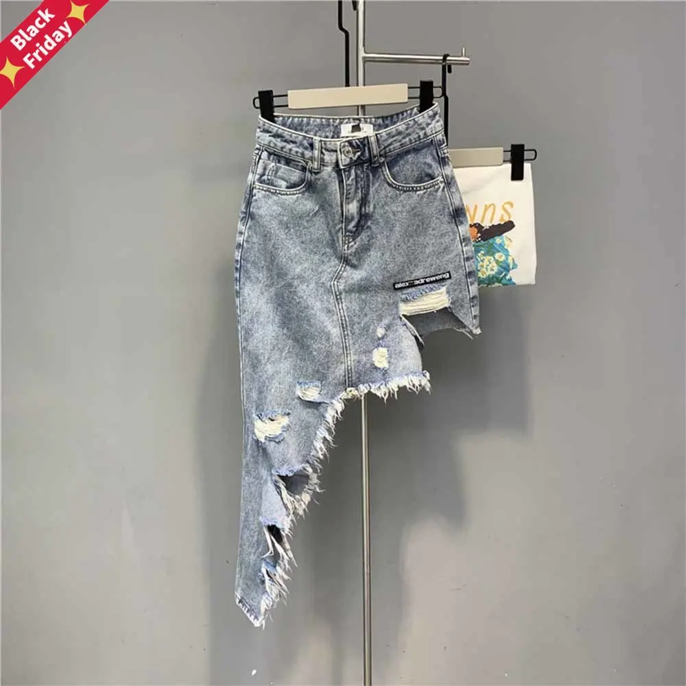 

Summer new style irregular fringed skirt 2023 women's high waist washed frayed denim skirt asymmetrical tailored raw edge skirt