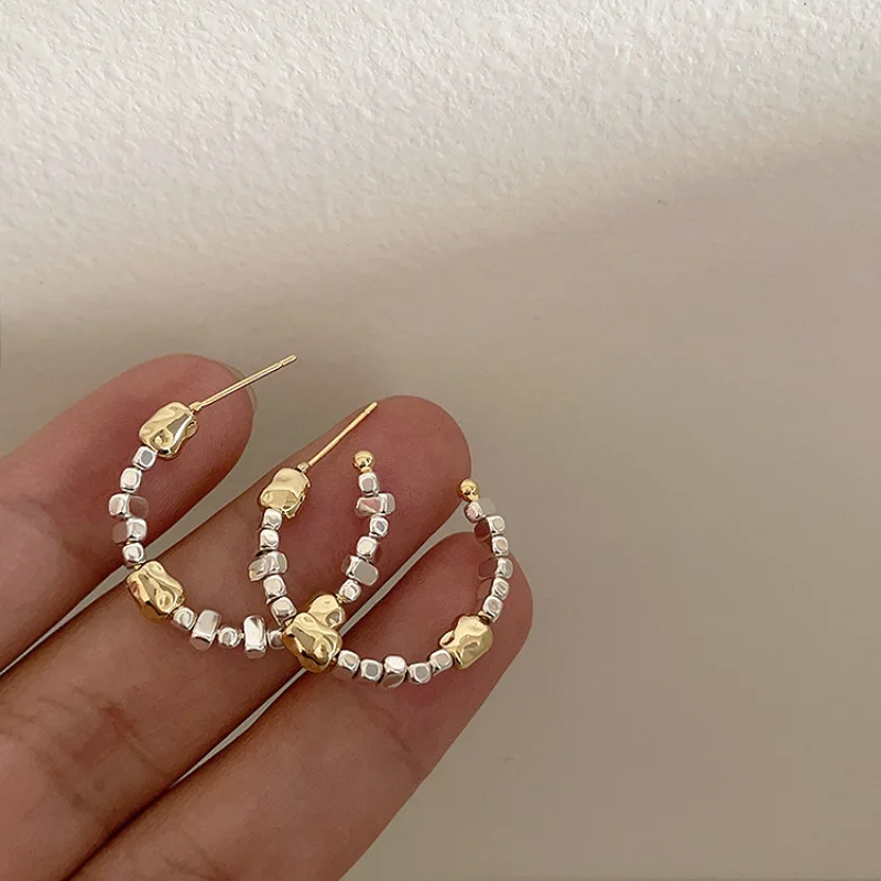 

Minar Korean Style Gold Silver Contrast Color Beads Strand Hoop Earrings for Women Big C Shape Earring Statement Casual Jewelry