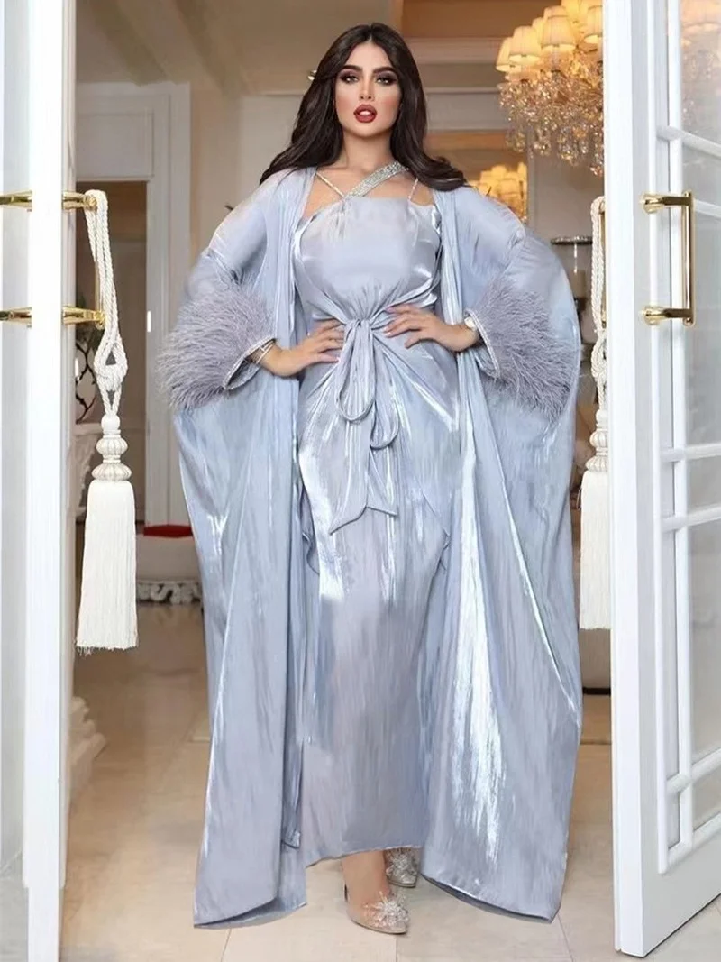 3 Piece Set Women Muslim Dubai Arab Outfit Kimono Open Abaya Vest Dresses Feather Diamonds Sleeve Islamic Clothing Sets