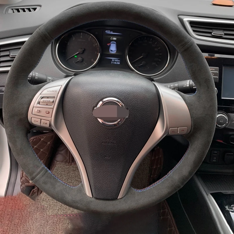 

For Nissan Teana Altima 2013-2016 X-Trail QASHQAI Rogue 2014-2016 Sentra Tiida Hand Stitch Suede Black Car Steering Wheel Cover