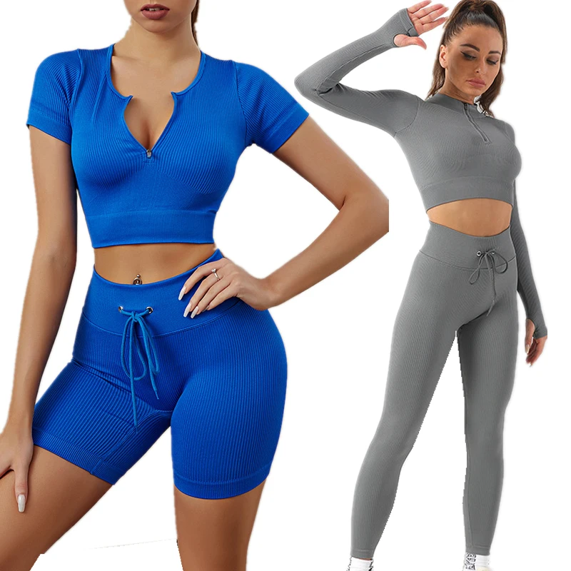 

Women Yoga Set Zipper Sports Bra Long Sleeve Top Seamless High Waist Drawstring Leggings Gym Shorts Workout Outfits Tracksuit