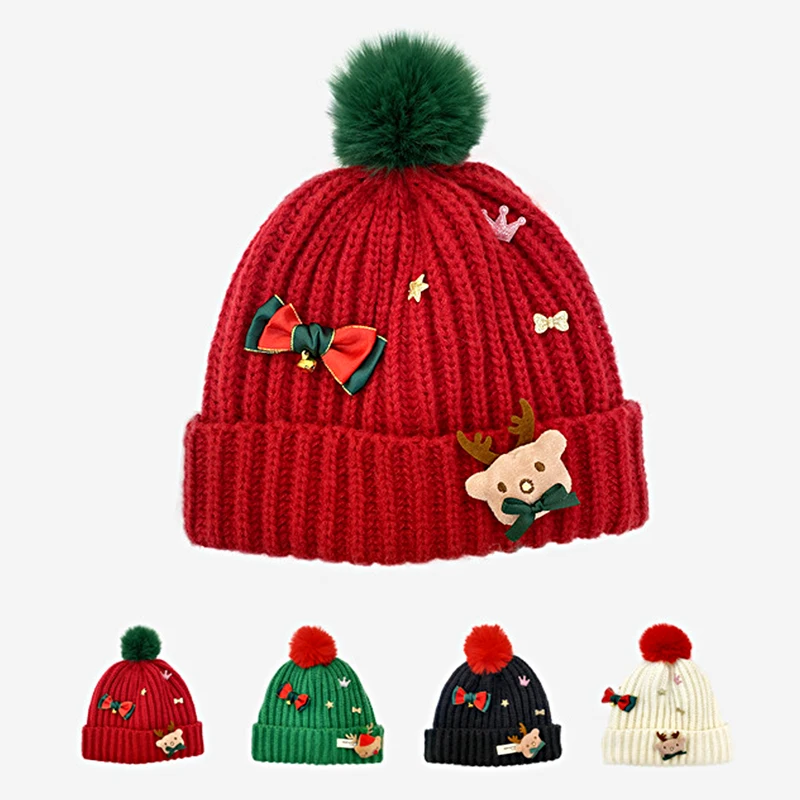 

1 шт., зимняя вязаная шапка с помпоном красного и зеленого цветов