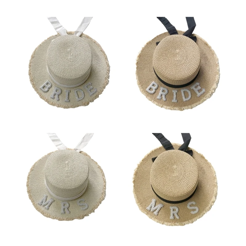 

Straw Weaving Hat with Pearl BRIDE/MRS Letter Wedding Sunproof Hat Seaside Hat Bride Hat Elegant Dress Accessory