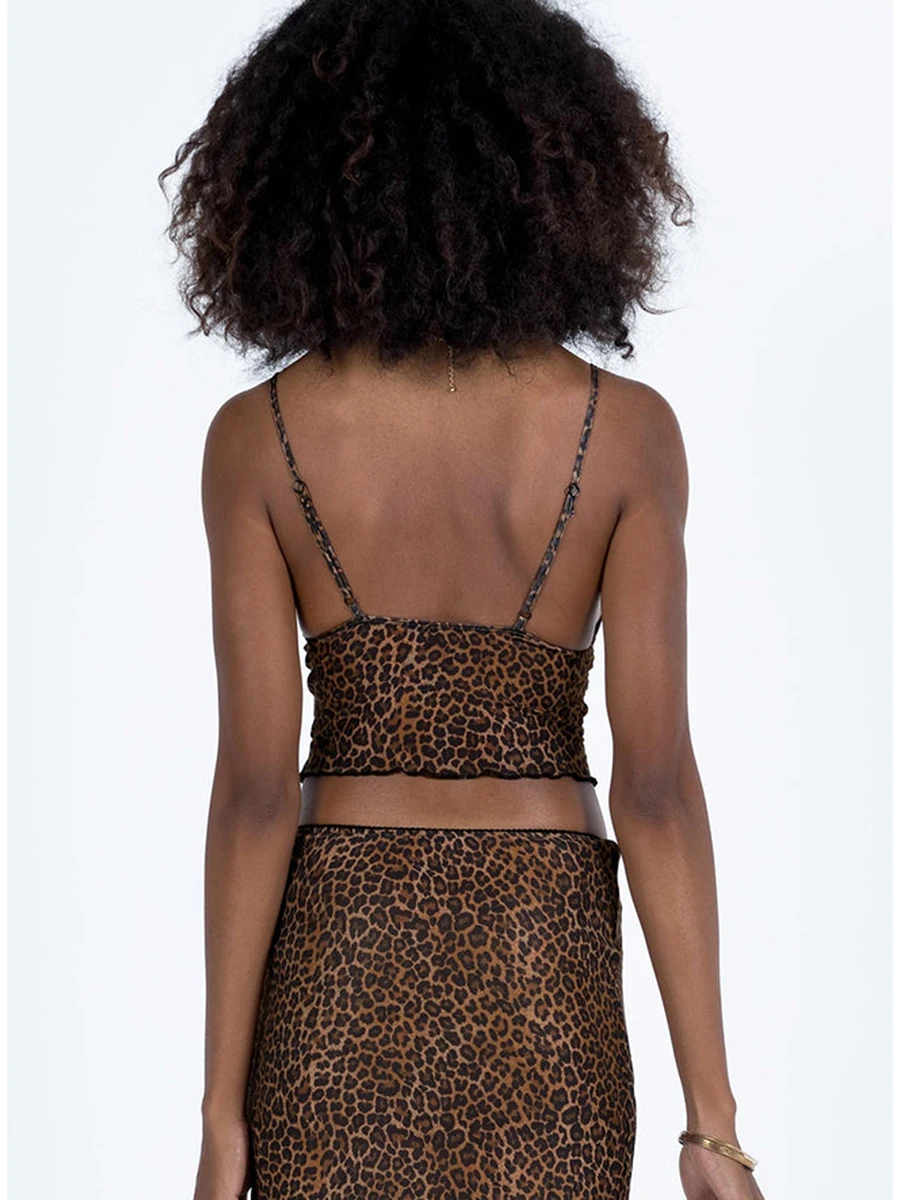 

Vestido Leopardo Mujer Top Camisola de Cuello en V sin Manga Falda Larga Elástica Vestido Sexy de Dos Piezas para Mujer