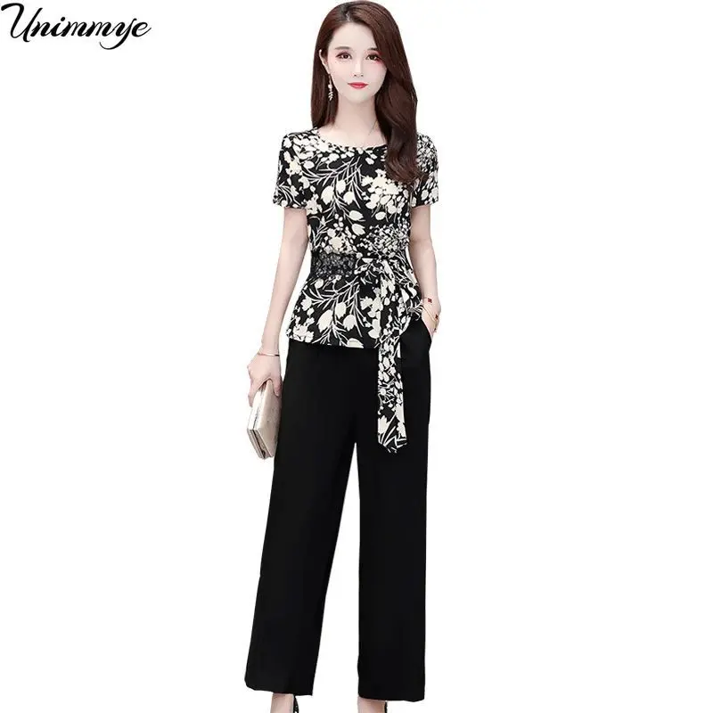

Set Woman 2 Pieces Summer Korean Fashion Floral Women Outfits Two-piece Set O-neck Short Sleeve High Waist Wide-leg Pants Suits