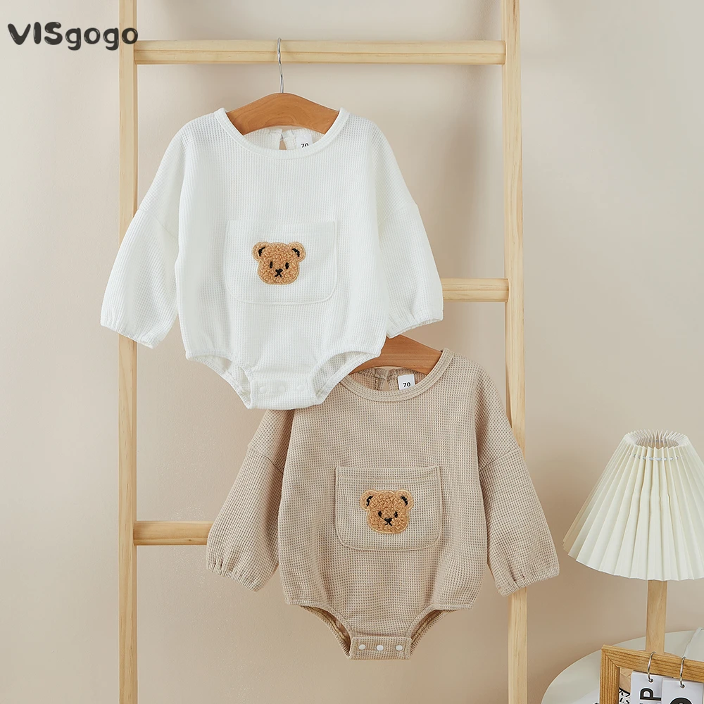 VISgogo Baby Spring Fall Romper Cute Bear Embroidery Long Sleeve Front Pocket Jumpsuit Baby Girl Boys Casual Clothes