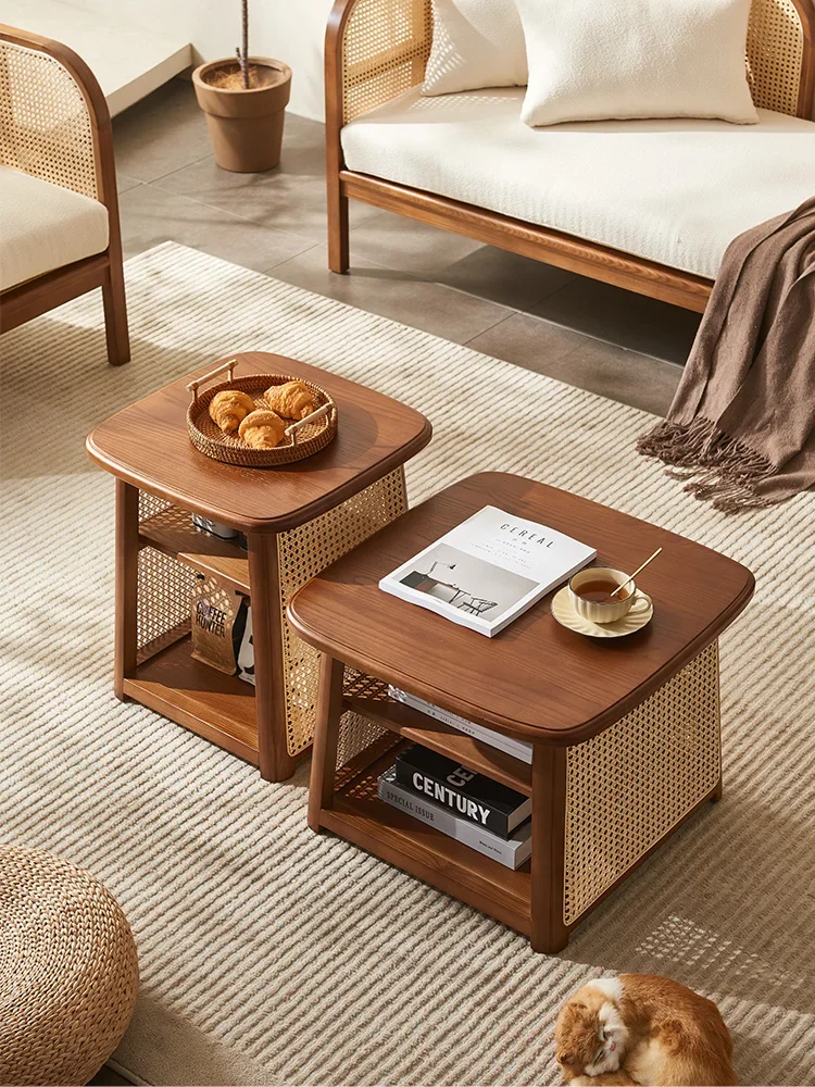 

Квадратный кофейный столик, винтажный журнальный столик из массива дерева и ротанга, несколько низких размеров, в японском стиле