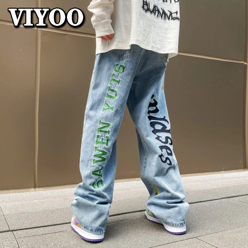 Men's Fashion Y2K Clothes Jeansy Letter Straight Trousers Denim Trousers Casual Jeans Wide Leg Pants For Men Streetwear Korean