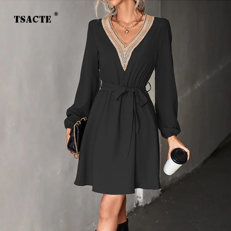 

Осенне-зимние элегантные повседневные однотонные кружевные платья средней длины с V-образным вырезом и длинным рукавом женские модные платья со средней талией