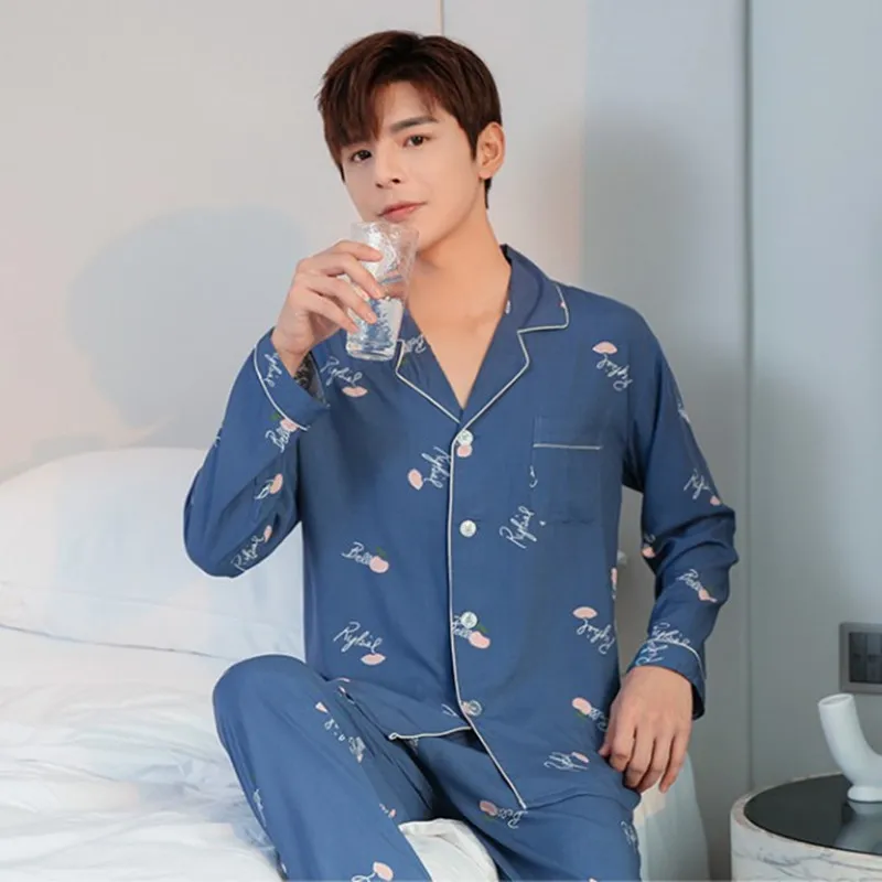 Pajamas for Men Spring and Autumn Long sleeve Cotton silk Nightdress set