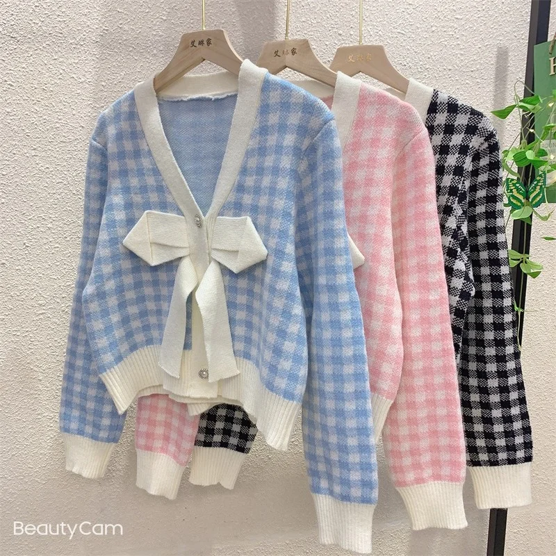 

College Style Sweet Cute Classic Plaid Bow Knitted Cardigan Coat for Women Chompas Para Mujer 2022 Spring Fall Women's Clothing