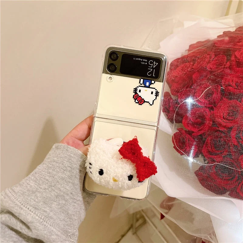 

BanDai Hello Kitty With Pendant Phone Case For Samsung Z Flip 3 5G ZFlip3 Soft For Galaxy Shockproof Transparent Cover