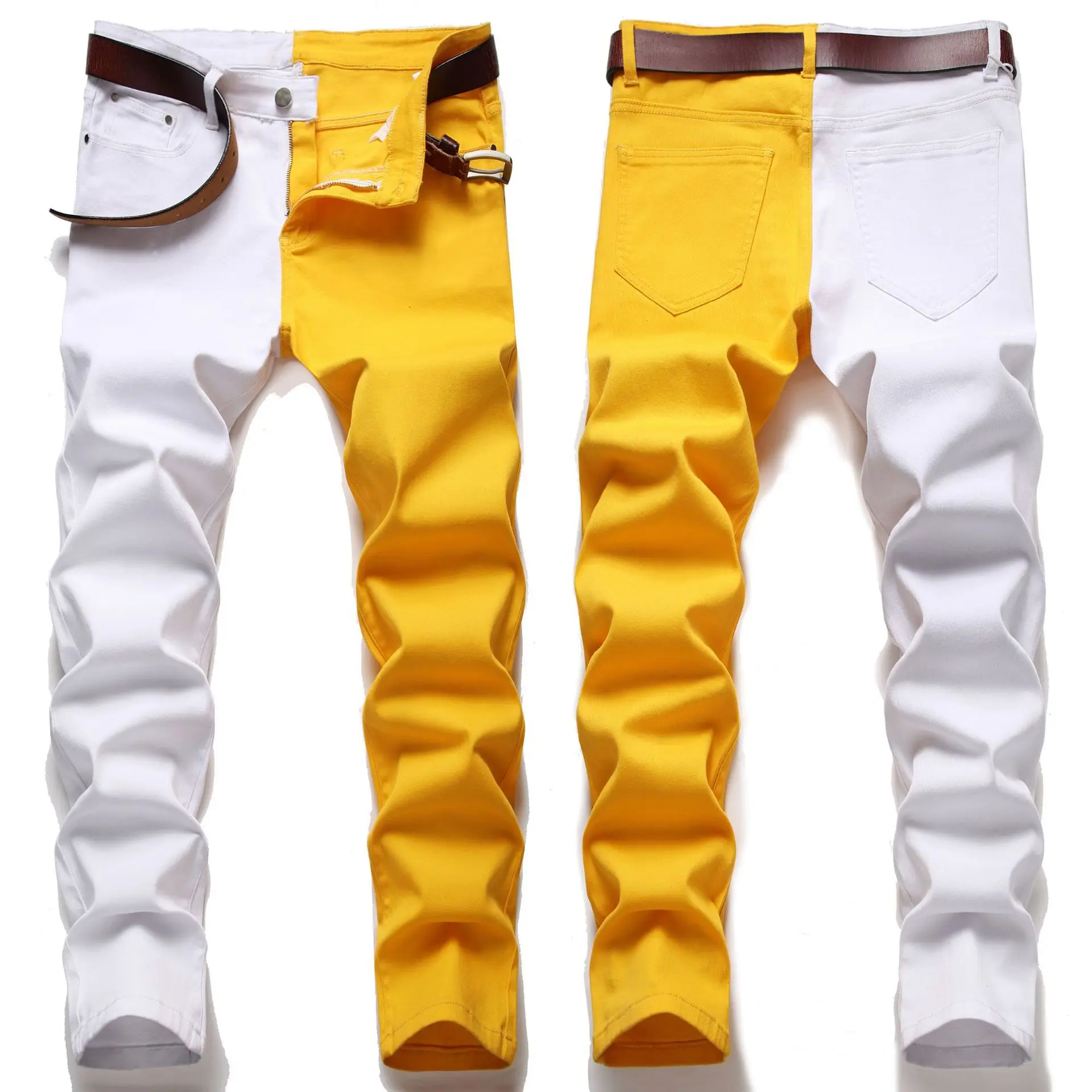 Patchwork Jeans Mens Contrast Color Straight Pants Mid Waist Splicing Denim Pants Trend Skinny Jeans Men Slim Pencil Pants
