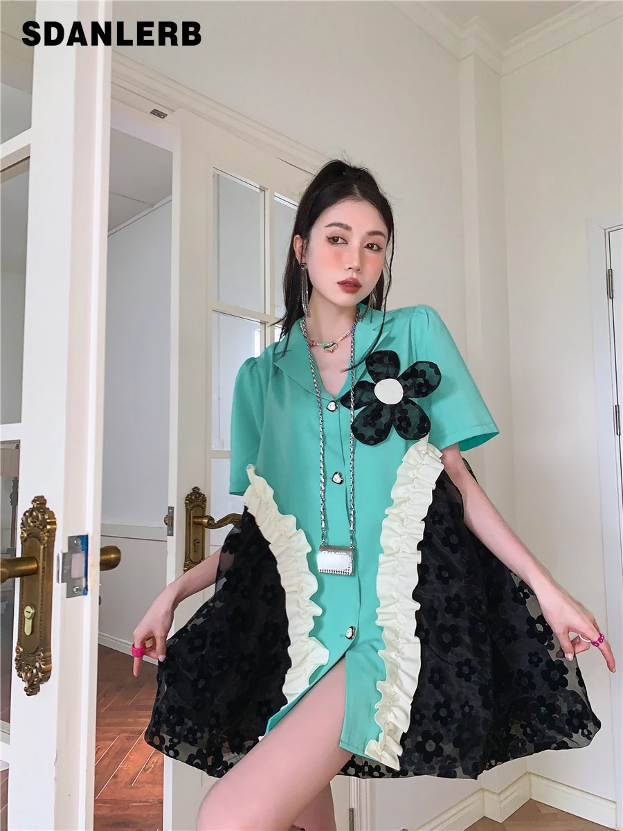 

French Style High-Grade Sweet Suit Dress Organza Patchwork Short Sleeve Dress for Women Summer Elegant Fashion Midi Dress