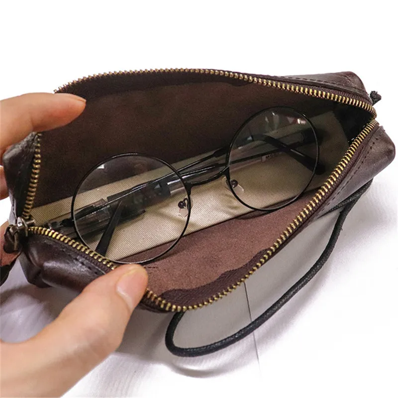 Simple leisure luxury natural genuine leather glasses storage bag daily outdoor first layer cowhide cosmetic bag coin purse