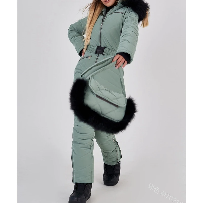 Ski Warm Jumpsuits Women Slim-Fit Zipper High Waist Jumpsuits Women Long Sleeve Cotton-Padded Solid Hooded Straight Jumpsuits