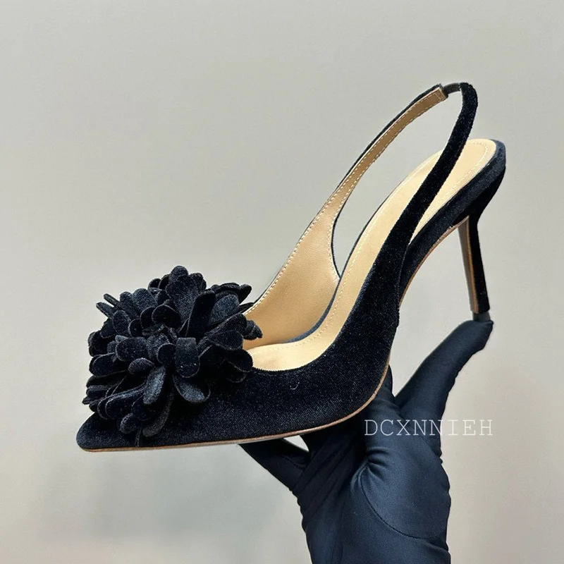 Вельветовые туфли-лодочки на тонком высоком каблуке для подиума женские