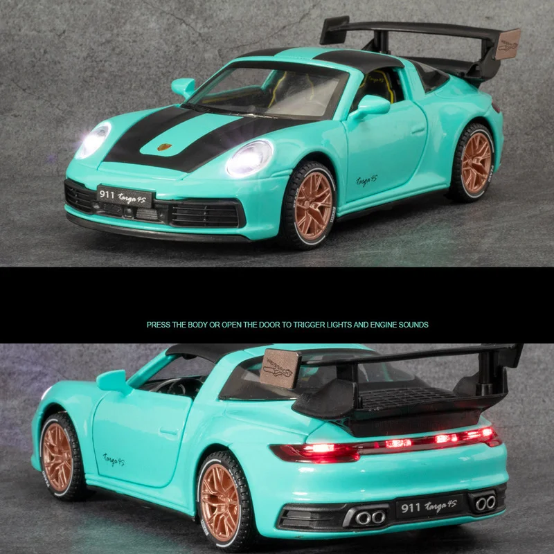

1:32 911 Targa 4S SuperCar Model Alloy Diecast Pull Back Toy With Light Sound 4 Doors Open Rubber Tire Vehicle Children Toys
