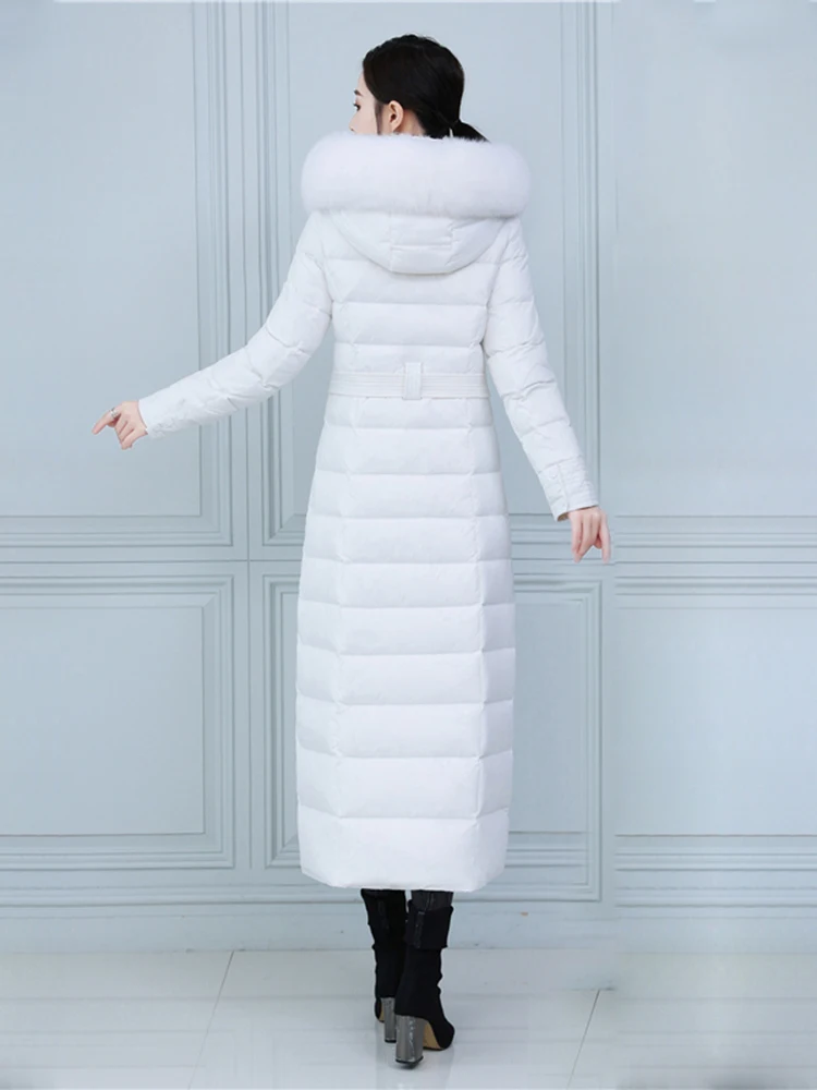 New Women Winter Down Coat Fashion Real Fox Fur Collar Detachable Hooded Lengthened Belt Down Jacket Thicken Warm Overcoat