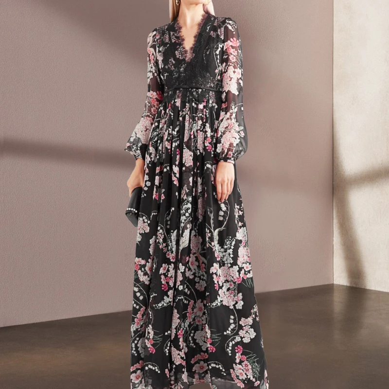 Vintage V-neck Lace Patchwork Long Dresses for Women 2022 Autumn Elegant Black Floral Printed Pleated Maxi Dress Chiffon Vestido
