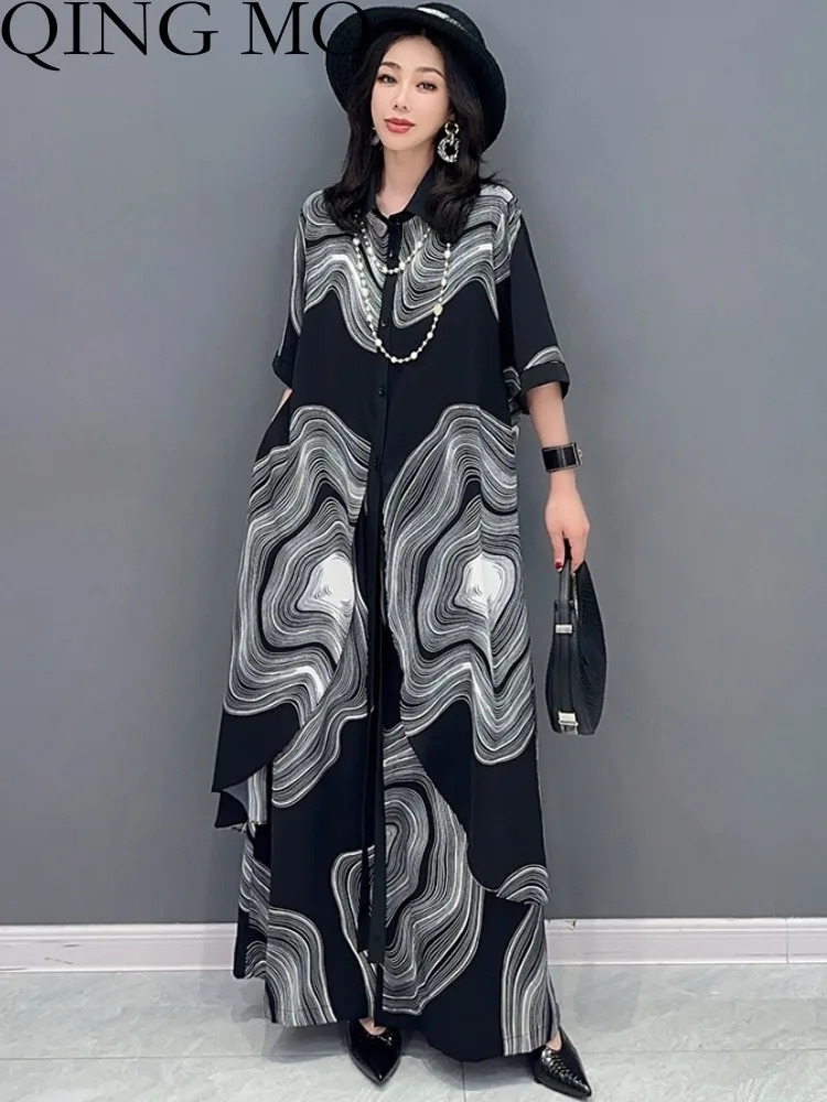 

QING MO 2023 Spring Summer New Fashion POLO Collar Shirt + Loose Pants Two Piece Set Women Black ZXF2219