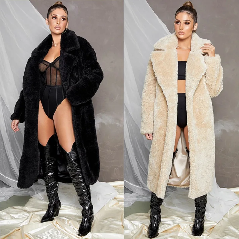 

Wepbel Faux Fur Coats Women Lapel and Waist Tight Imitation Lamb Wool Overcoats Jackets Simple Solid Color Long Faux Fur Coat