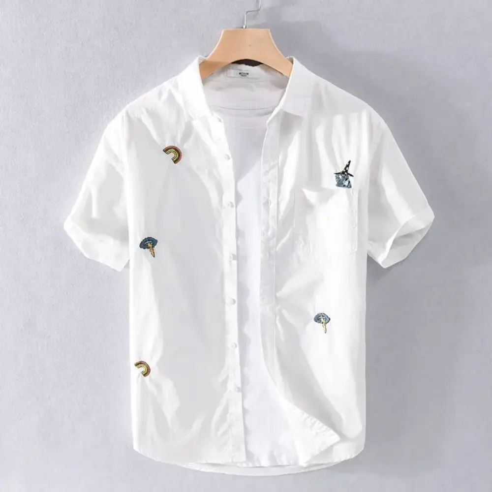 New Embroidered Short Sleeve Casual Breathable Trend Shirt Men Tops White Comfortable Chemise Camisa Cartoon Raibow
