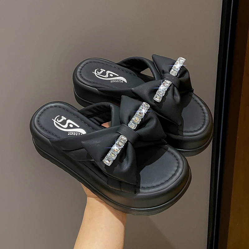 Platform Bowknot Slippers Women Summer Thick Sole Casual Sandals Woman Chunky Flip Flops 5.5CM High Heels Beach Leather Slides