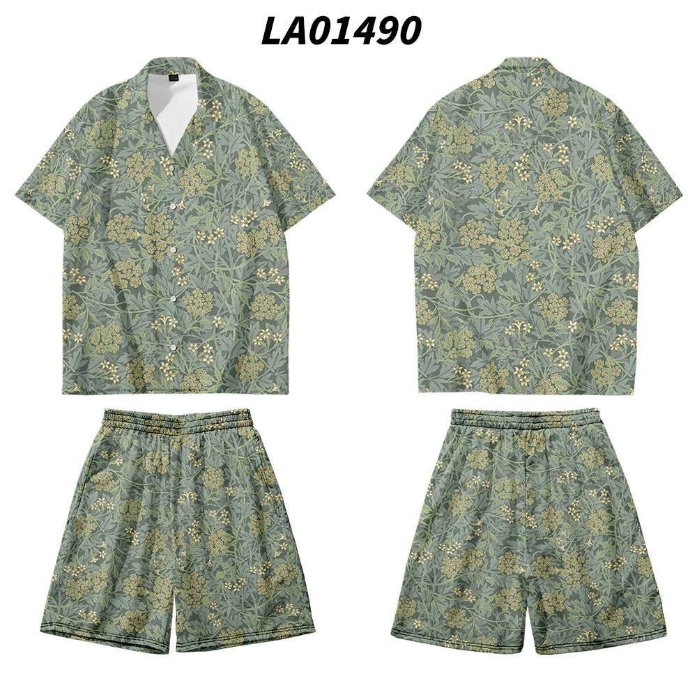 Large Size Couple Print 2PCS Pajamas Sets Thin Turn-Down Collar Shirts&Short Sleep Suit Summer Travel Beach Pants Home Clothes