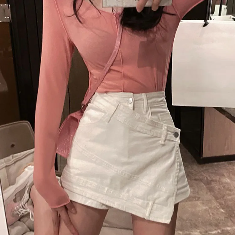 

Korea 2023 Summer New Fashion Women Elasticity Denim Shorts Asymmetrical Hem Button Solid Color Mini Casual Shorts Skirts