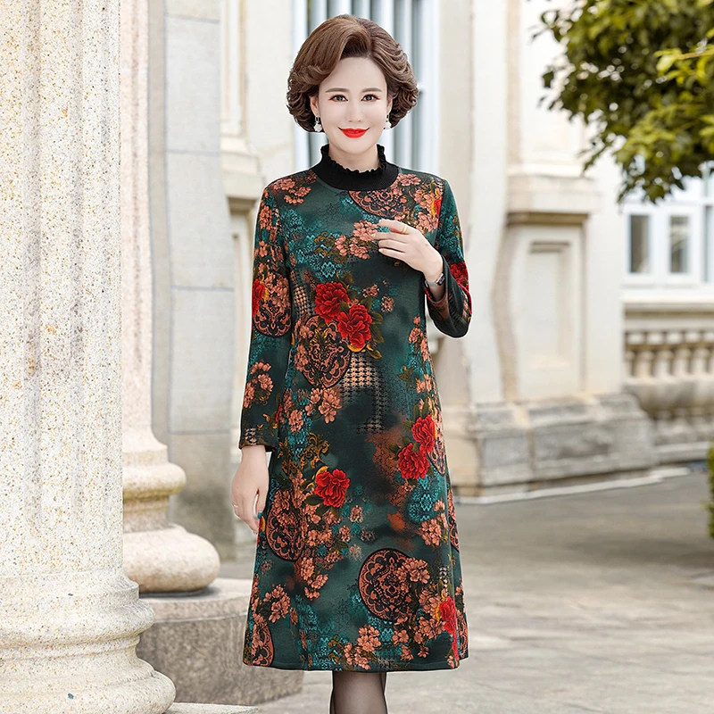 

5XL Women Dress Printing Vestidos Autumn Winter Vintage Fleece Thick Turtleneck Dresses Middle-aged Women's Dress Elegant Female