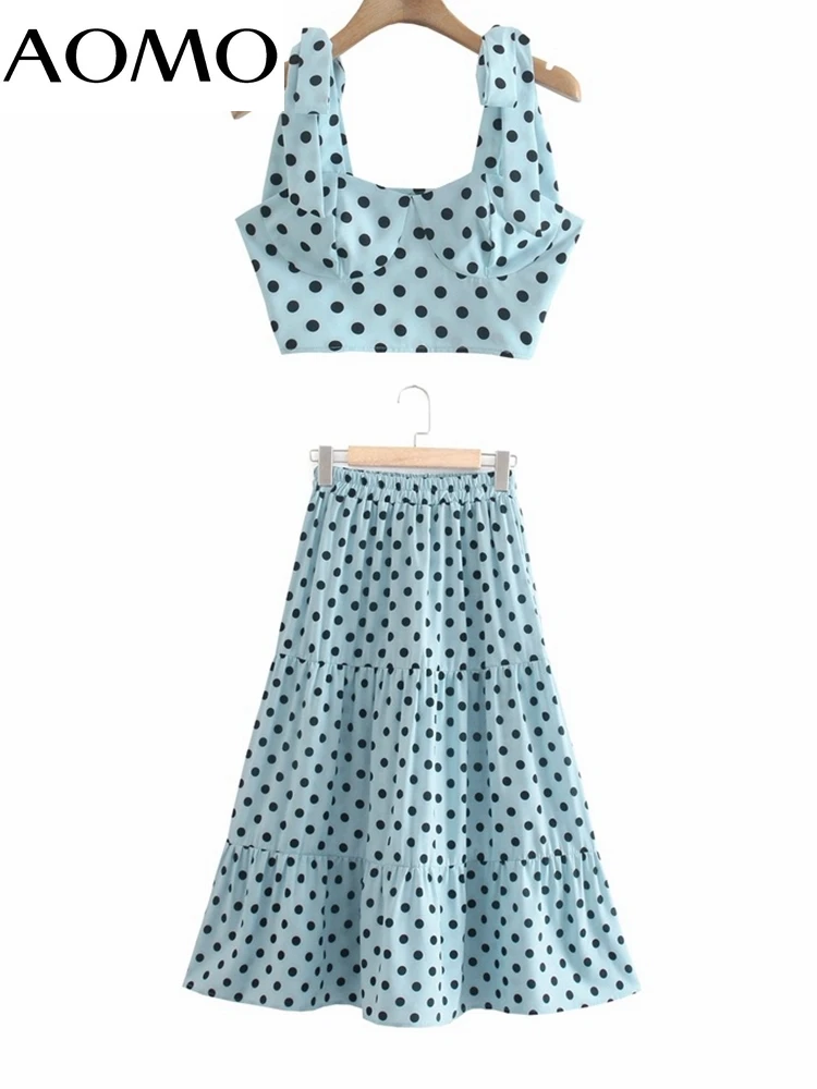 

AOMO 2022 Chic Blue Dots Print Suit Women Skirt Set Fashion New Suit 2 Piece Set Camis and Skirt 8Y31A