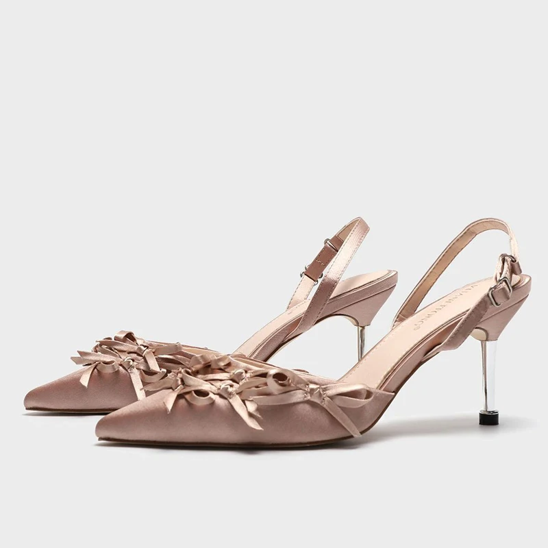 

Босоножки женские с закрытым носком, элегантные шелковые модные туфли на шпильке, заостренный носок, бант, лето 2022
