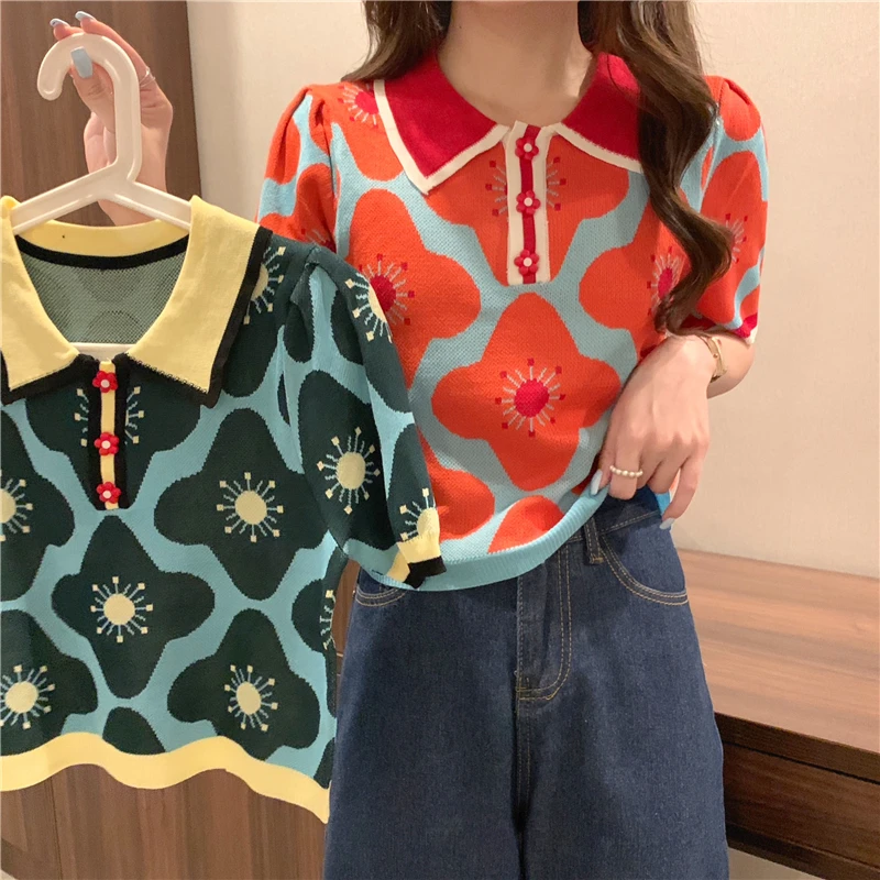 

2022 Women Puff Short Sleeve Printed Flowers Sweaters Shirts Polo Collar Cropped Thin Sweater Pullover Crop Top For Female