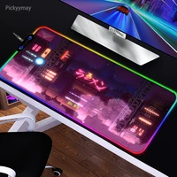 mouse pad rgb japanese street neon mousepad xxl laptop office keyboard rug pc gaming accessories led with backlight mouse mat