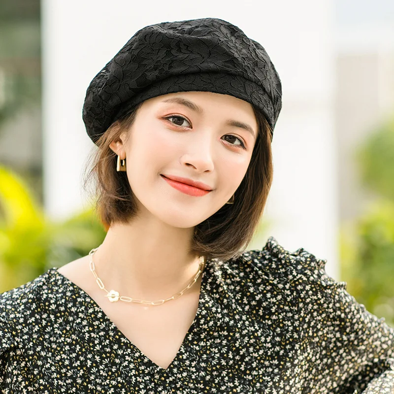 

New Korean Version Of Fashion Hollow Lace Beret Women's Summer Thin British Retro Octagon Hat Sunblock Hat Painter Hat