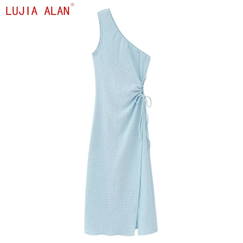 

Autumn New Women's Asymmetric One Shoulder Midi Dress Female Casual Lace Up Bow Side Slit Vestidos LUJIA ALAN WD3212