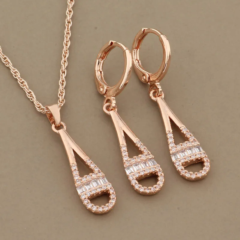 

New Long Dangle Earrings Sets For Women Luxury 585 Rose Gold Color Natural Cubic Zircon Earrings Elegant Female Set