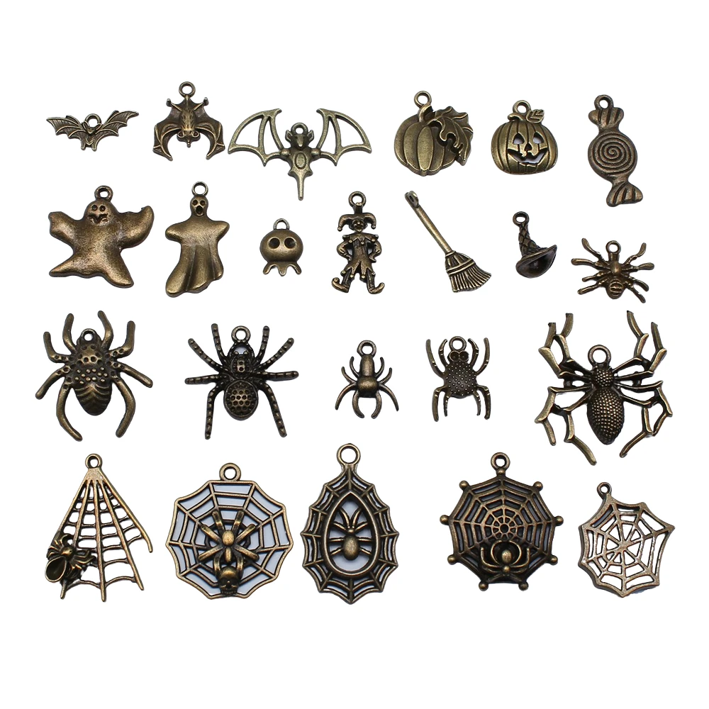 10pcs Halloween Ghost Pumpkin Witch Spider Bat Clown Antique Bronze Color Pendants DIY Findings Tibetan Jewelry