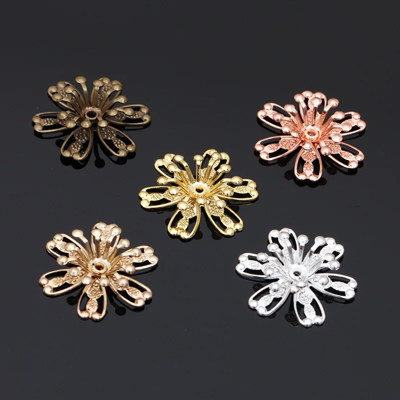 20PCS/Pack Rose Gold Silver Color 18mm Copper Flower Bead Caps For DIY Jewelry Making Flower Filigree Spacer Bead Caps Findings