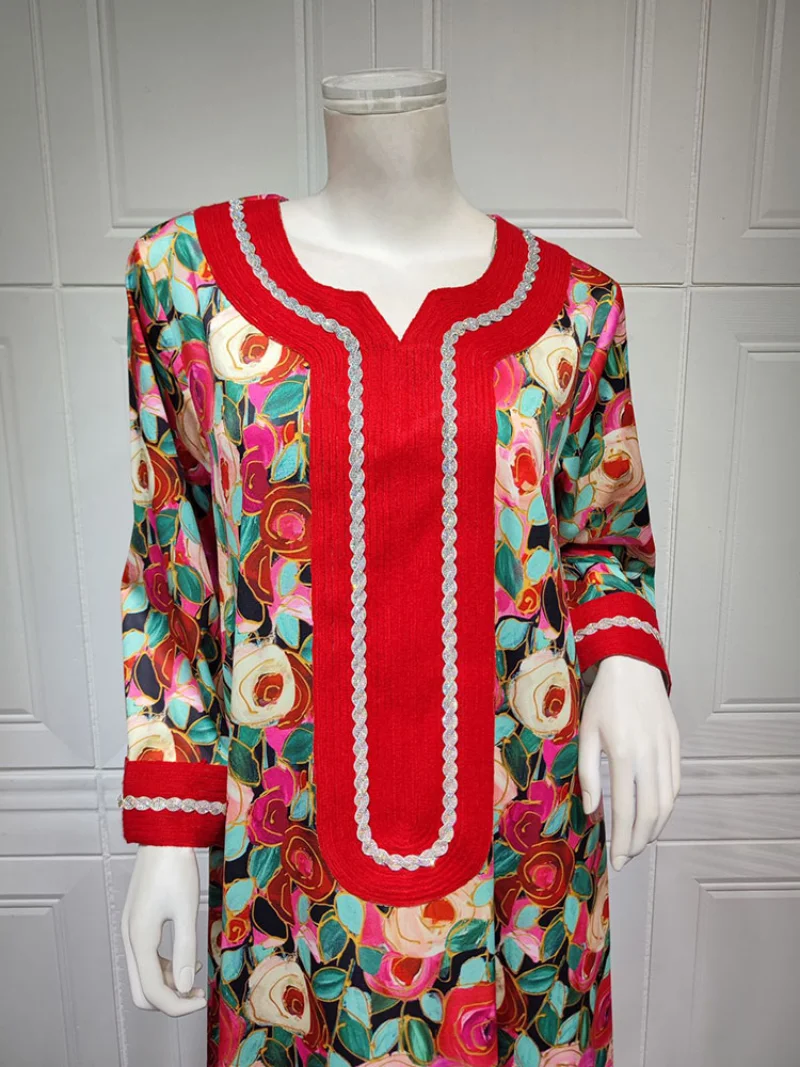 Floral Printed Abaya Evening Dresses Women Muslim Party Arab Long Dress Morocan Kafatn Gulf Jalabiya Eid Ramadan Abayas Red