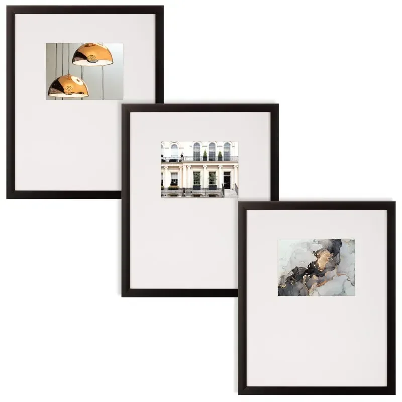 

3 Piece Gallery Wall Picture Frame Set 18" x 24" Matted to 8" x 10" with Offset Mat & Hanging Template for Poster Photo Drawing