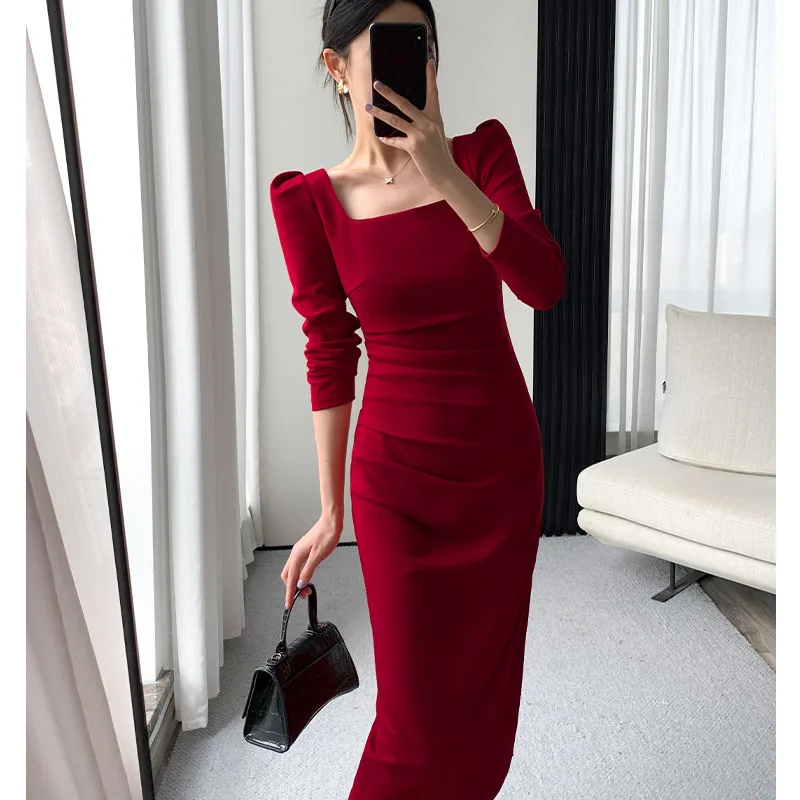

Elegant Korea Fashion Autumn Clothes Square Collar Solid Office Lady Bodycon Midi Dress Wedding Maxi Dresses for Women 2022 Robe