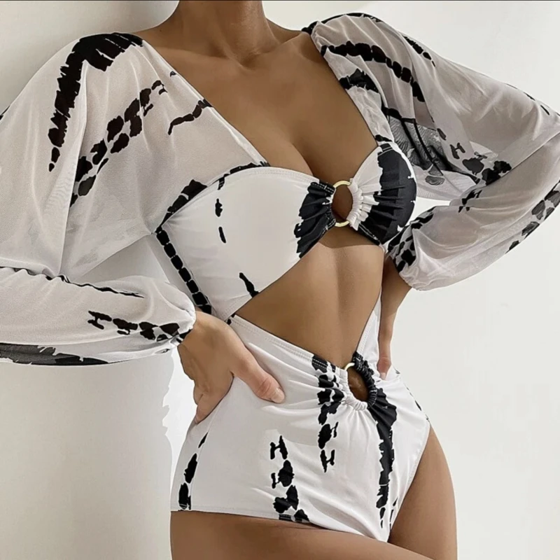 

2022 Sexy Long Sleeve Swimwear Women One Piece Swimsuit Female Print Hollow Out Bathing Suit Summer Beach Wear Swim Lady Bathers