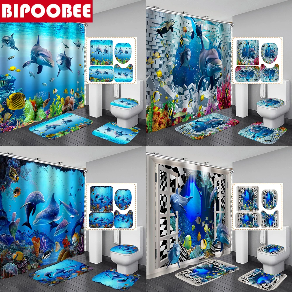 

Deep Sea Ocean Dolphin Bathroom Curtain Sets Polyester Fabric 3D Shower Curtains Pedestal Rug Lid Toilet Cover Bath Mat Set