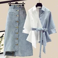 large size womens 100 kg fat sister summer suit women slimming age shirt short sleeve skirt two piece set tide